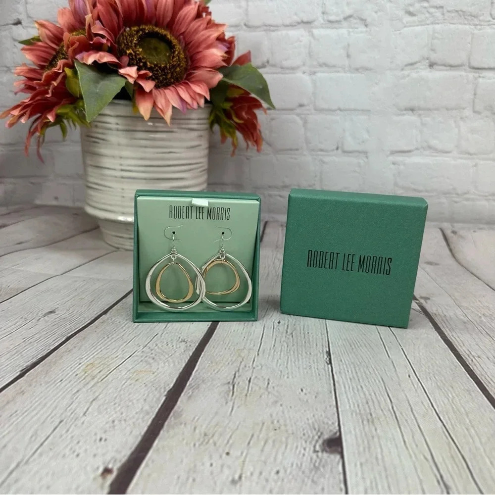 NWT robert lee morris two tones fish hook earrings silver gold geometric